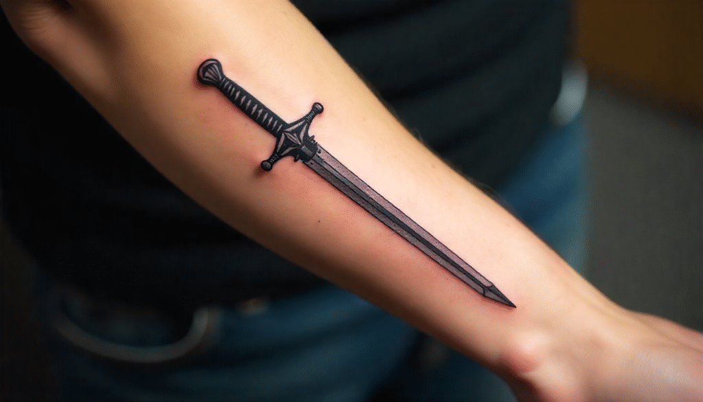"Small Masculine Tattoos – sword tattoo symbolizing strength, courage, resilience, and warrior spirit"