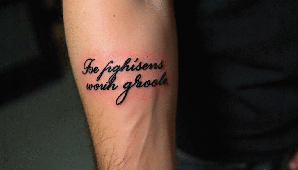 "Small Masculine Tattoos – script tattoo symbolizing discipline, resilience, identity, and personal values"