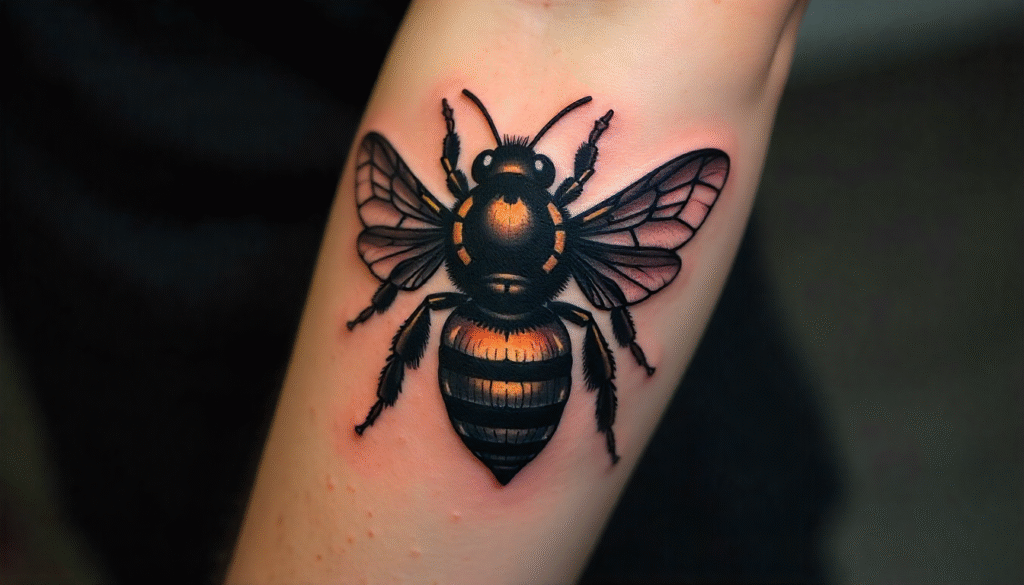 "Masculine bee tattoo design in bold blackwork with geometric honeycomb details – symbolizing discipline, teamwork, and resilience"