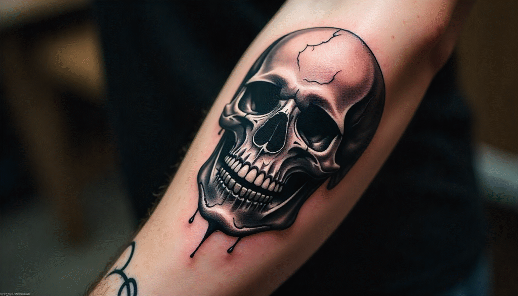 "Small Masculine Tattoos – bold skull tattoo with dark shading symbolizing strength, fearlessness, and resilience"
