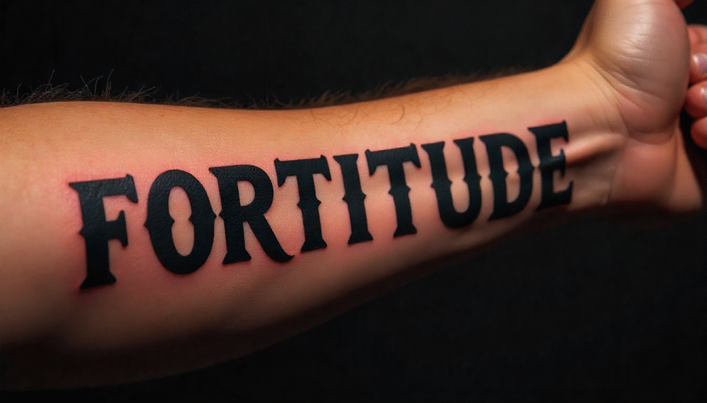 "Small Masculine Tattoos – bold uppercase word tattoo symbolizing strength, fortitude, and resilience"