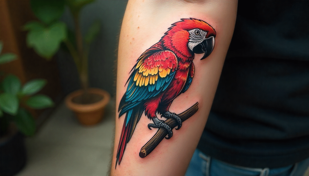 "Small Masculine Tattoos – parrot tattoo in line-art style symbolizing freedom, bold expression, and strength"