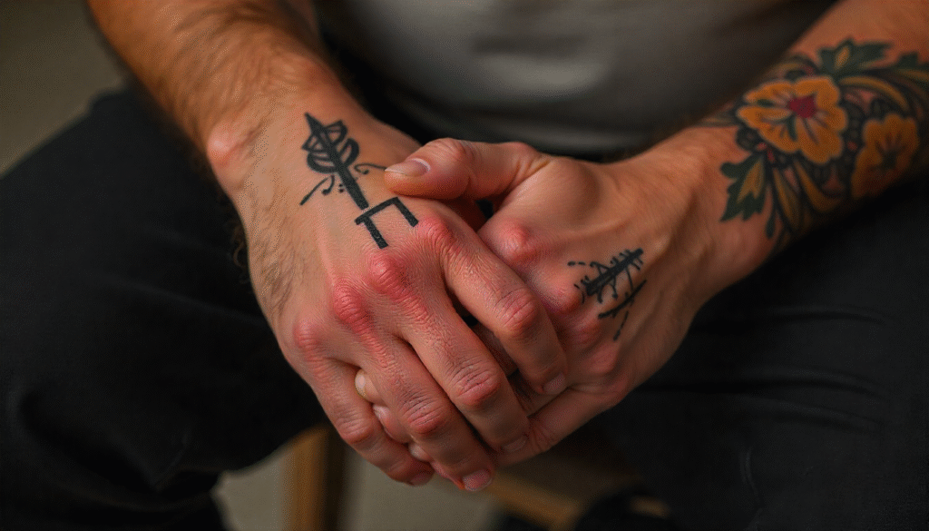 "Small Masculine Tattoos – hands tattoo in bold black and red ink symbolizing creation, connection, and resilience"