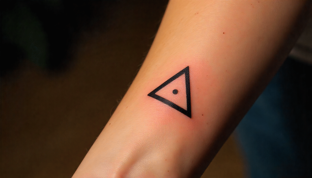 Minimal single needle geometric triangle tattoo on wrist – sharp fine lines with a tiny central dot, perfect for men seeking balance. Stylish choice for small tattoo ideas.