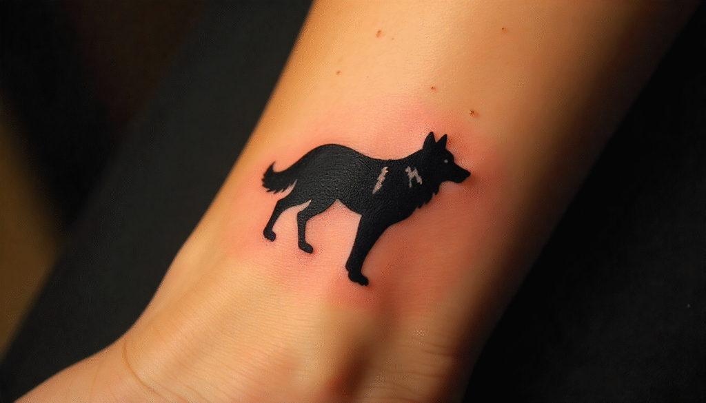 Minimalist wolf silhouette tattoo in fine black lines on male forearm. A clean single needle tattoo idea symbolizing strength, loyalty, and resilience. Perfect for subtle small tattoo ideas.