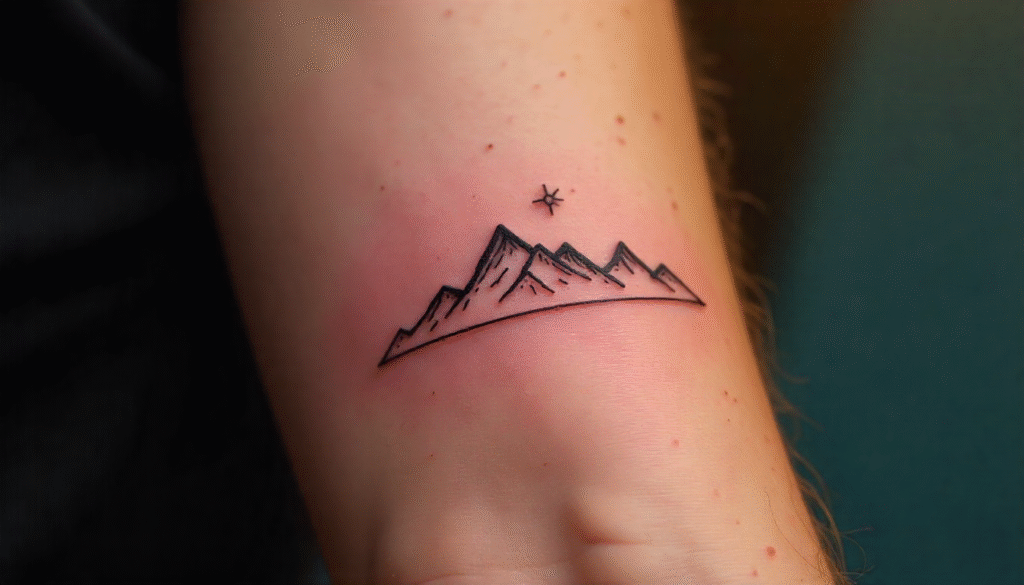 Thin mountain range tattoo in fine black lines on male forearm. A subtle single needle tattoo idea with a tiny sun detail, symbolizing perseverance. Stylish inspiration for small tattoo ideas with deep meaning.