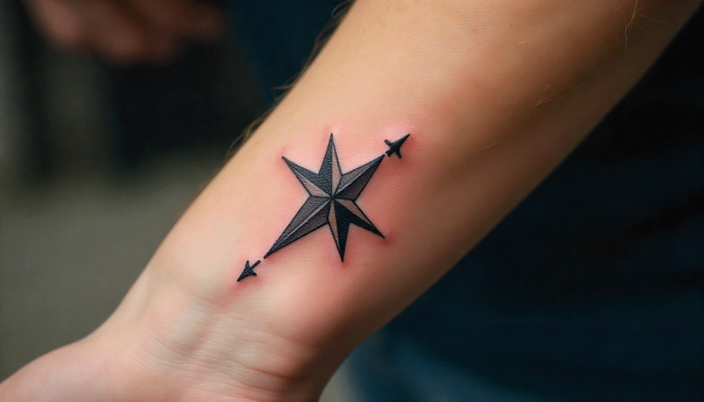 Fine-line compass tattoo on male wrist in single needle style. Detailed arrows with one bold needle as a north star. A meaningful choice among single needle tattoo ideas and perfect for small tattoo ideas with guidance symbolism.