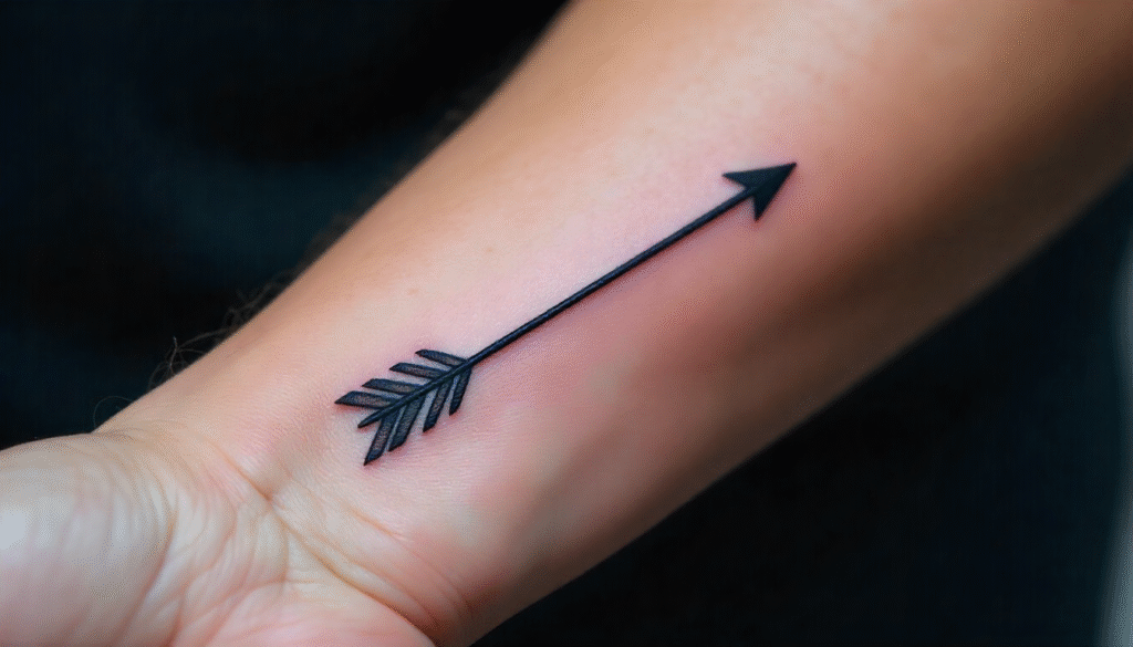 Single arrow tattoo in fine black lines on male forearm, a timeless single needle tattoo idea. Clean strokes and feather-light details, perfect for small tattoo ideas with deep meaning.