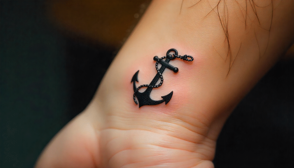 Small anchor tattoo in single needle style on male wrist, symbolizing grounding and resilience. A minimalist design that’s one of the most meaningful small tattoo ideas.