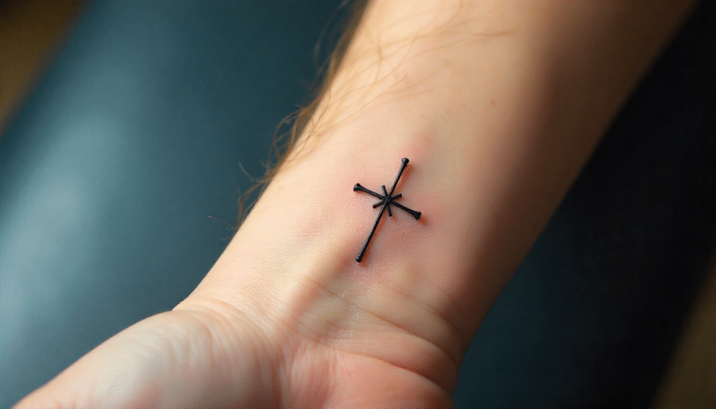 Tiny cross tattoo in fine black lines on male wrist, a subtle single needle tattoo idea. Elegant and spiritual design, fitting perfectly among small tattoo ideas.