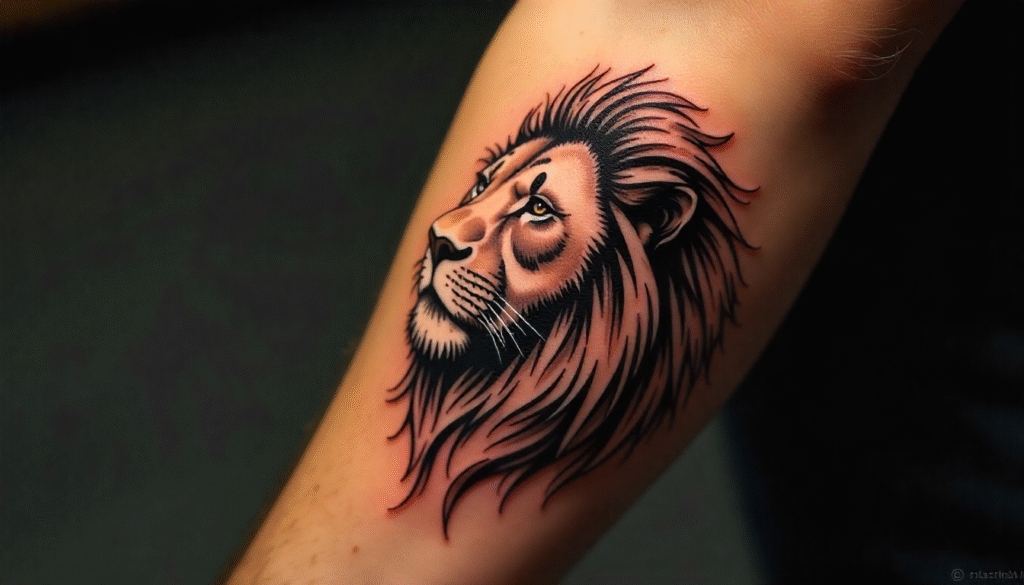 Minimalist lion outline tattoo in single needle fine line style on male forearm. Clean strokes with detailed mane, a bold yet refined choice for small tattoo ideas.