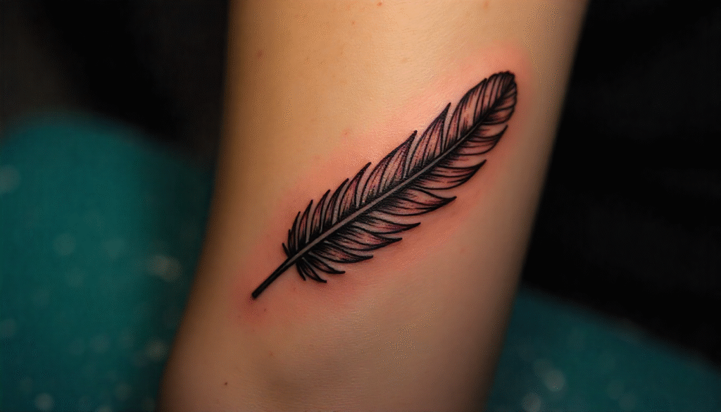Delicate feather tattoo in fine black lines on male forearm, floating effect in single needle tattoo style. A graceful and elegant choice for meaningful small tattoo ideas.