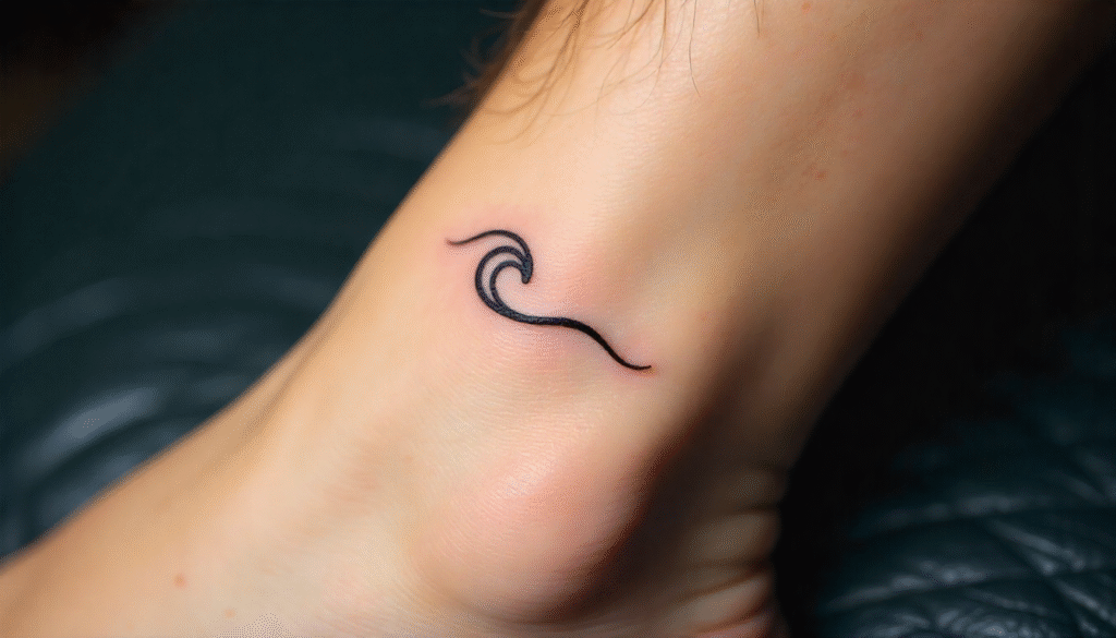 Thin line wave tattoo in minimalist single needle style on male wrist. Subtle black ink design with a micro curl, a calming and stylish option for small tattoo ideas.