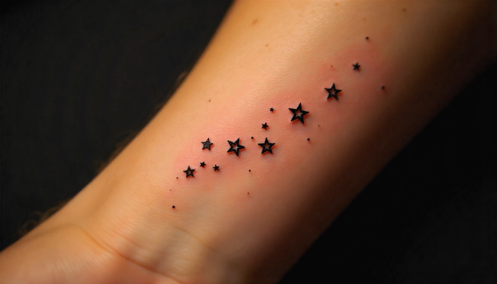 "Minimalist small star cluster tattoo on male forearm in single needle fine line style – single needle tattoo ideas and small tattoo ideas."