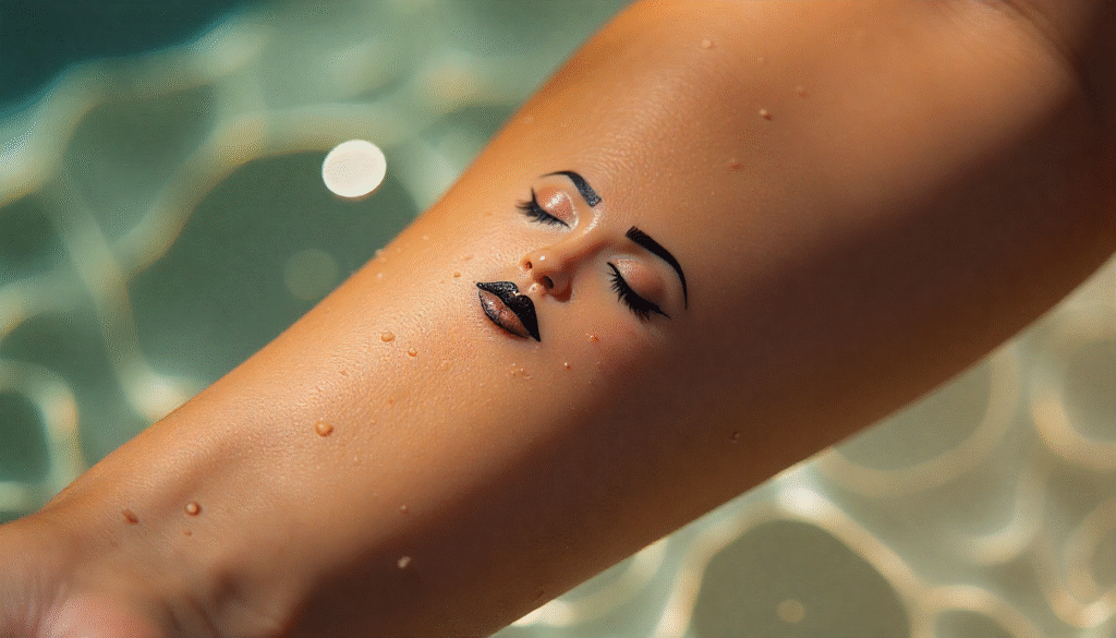 "Minimalist single-line face tattoo on male forearm in single needle fine line design – single needle tattoo ideas and small tattoo ideas."