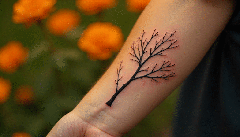 "Minimalist tree branch tattoo on male forearm in fine single needle design – single needle tattoo ideas and small tattoo ideas."