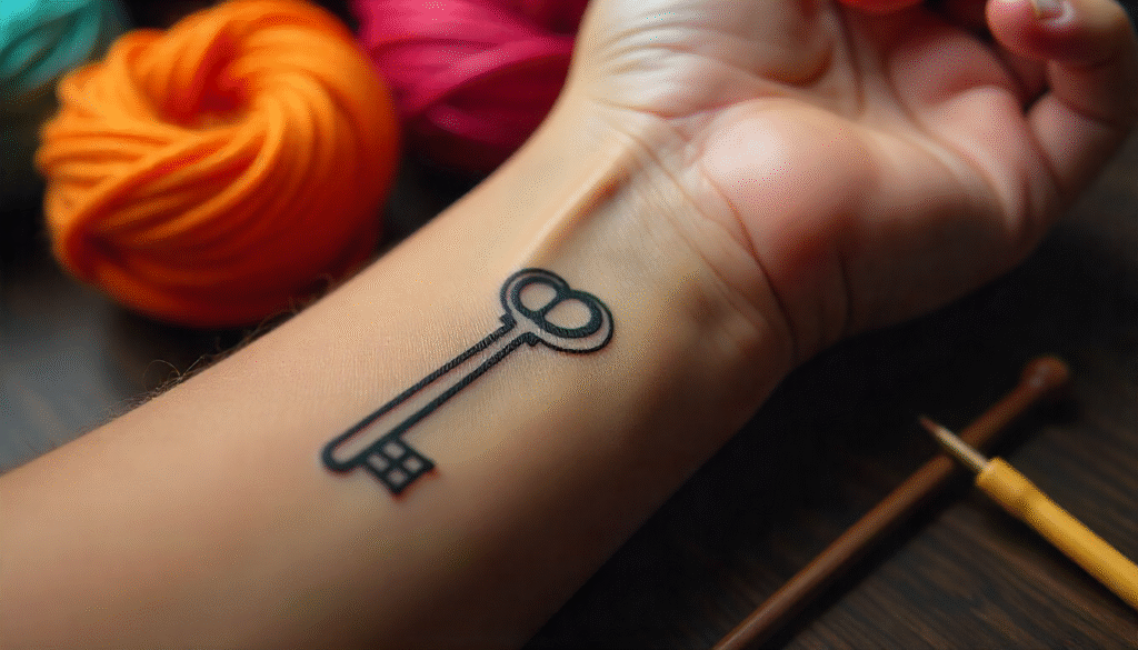 "Tiny key tattoo on male wrist in delicate single needle fine line style – single needle tattoo ideas and small tattoo ideas."