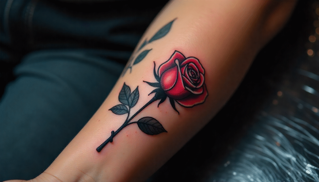 "Fine-line rose tattoo on male forearm in delicate single needle style – single needle tattoo ideas and small tattoo ideas."