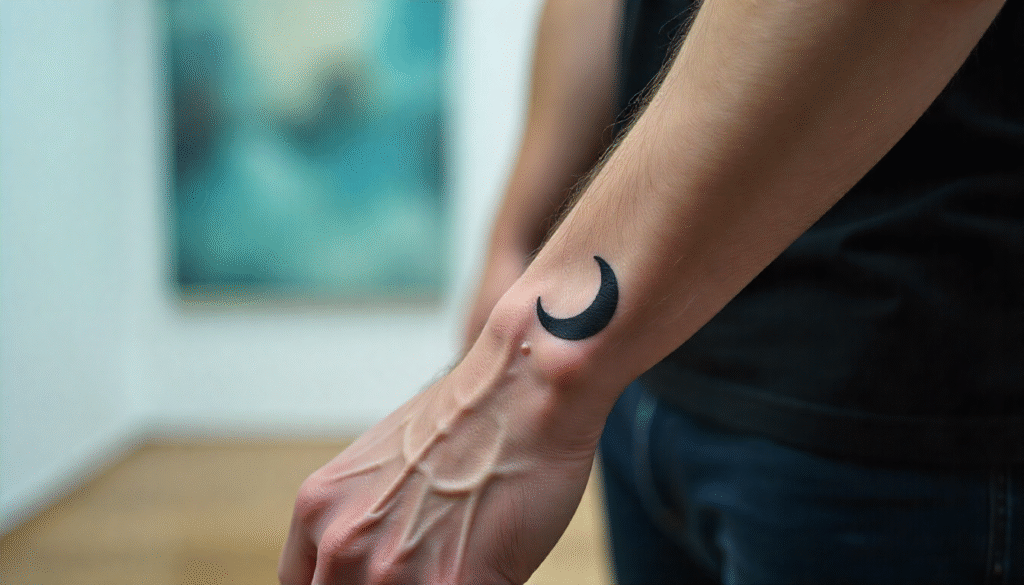 "Minimalist small crescent moon tattoo on male wrist in fine single needle black ink style – single needle tattoo ideas and small tattoo ideas."