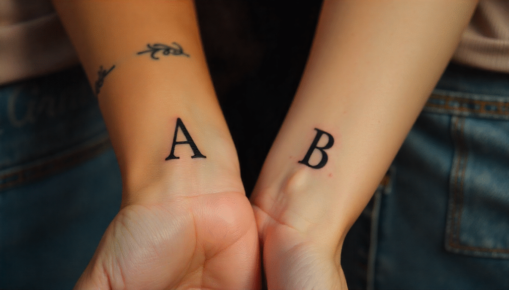 Matching initial tattoos for best friends featuring small feminine tattoo designs in fine-line cursive script symbolizing love, friendship, and lasting connection.
