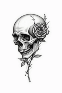 black fine-line skull and rose tattoo design symbolizing beauty and darkness, minimalist vector outline on white background