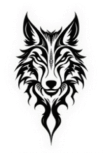black tribal wolf tattoo design with bold outlines symbolizing loyalty and inner strength, minimal and fierce tattoo art