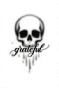 minimal black line art skull tattoo with “Grateful” cursive word, emotional and edgy tattoo idea on white background