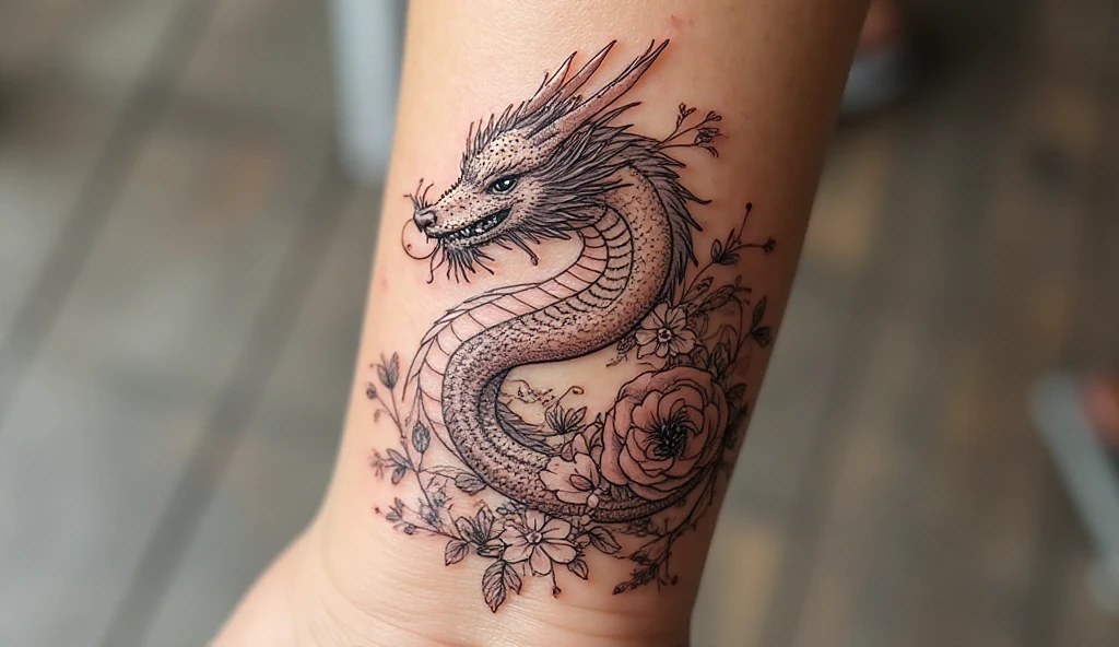 Floral dragon waist tattoo combining strength and femininity.
