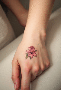 Tiny rosebud wrist tattoo for women meaning new beginnings and healing — delicate fine-line red rose design, feminine and elegant ink idea.