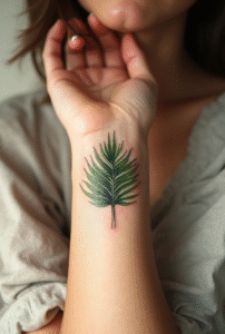 Minimal palm leaf wrist tattoo for women symbolizing peace and balance — elegant fine-line design in black or green ink, 2025 small tattoo idea.