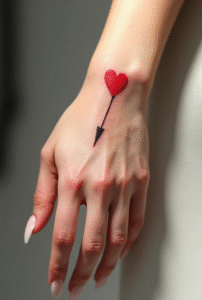 Heart with arrow wrist tattoo for women symbolizing love and courage — simple red and black design, romantic small tattoo idea for 2025.