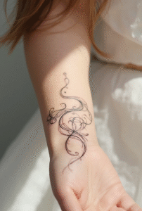 Elegant swirl wrist tattoo design for women — minimalist black linework representing creativity, femininity, and flow, perfect subtle tattoo.