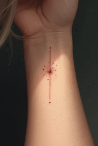 Starburst wrist tattoo for women symbolizing resilience and light — tiny fine-line dotwork design, cosmic-inspired minimal tattoo idea.