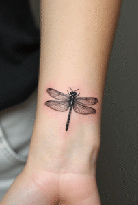 Small dragonfly wrist tattoo for women meaning freedom and transformation — fine-line black and white ink, delicate feminine design.