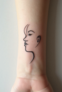 Silhouette profile wrist tattoo for women representing memory and love — minimalist face outline design, emotional small tattoo idea.