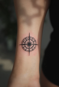 Small compass wrist tattoo for women representing direction and purpose — minimalist black line tattoo design, travel-inspired ink idea.