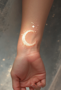 Moon and stars wrist tattoo for women representing hope and healing — fine-line crescent design with white ink glow, celestial small tattoo idea.