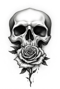vintage traditional tattoo flash of skull and rose, black ink outlines with bold lines, classic no-color tattoo idea