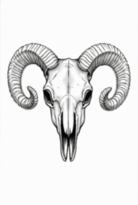 fine-line black tattoo of a ram skull with curved horns, simple symmetrical design for beginners