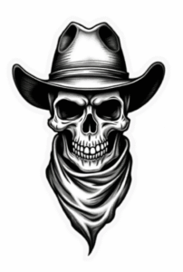 western-inspired skull tattoo wearing cowboy hat and bandana, bold clean black line art for beginners