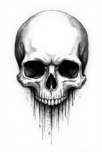 black traditional flash-style skull tattoo drawing with bold outlines, minimal shading on white background