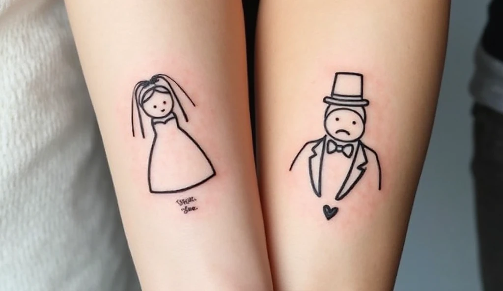 “Matching bride and groom tattoos on forearms — minimalist line-art design symbolizing marriage, unity, and everlasting commitment.”