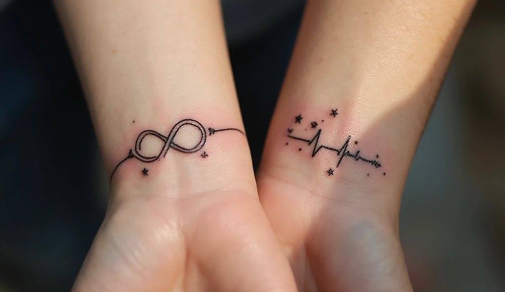 “Interlocking infinity soulmate tattoos for couples on forearms — minimalist fine-line design with stars and heartbeat dots.”