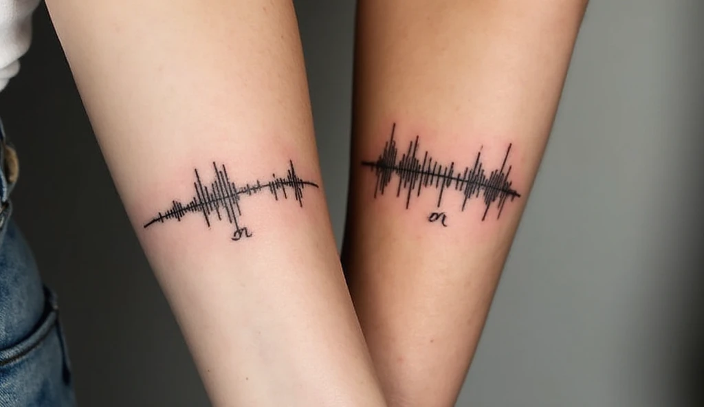 “Matching sound wave couple tattoos on forearms — minimalist black line design symbolizing love and emotional frequency.”