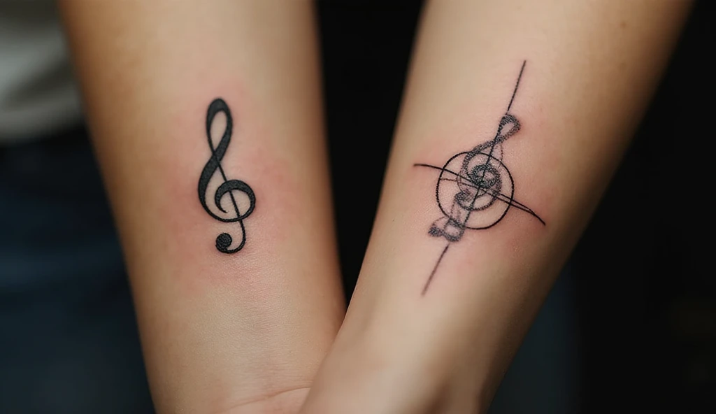 “Matching music note tattoos for couples on forearms — minimalist fine-line treble clef design representing shared passion for music and love.”