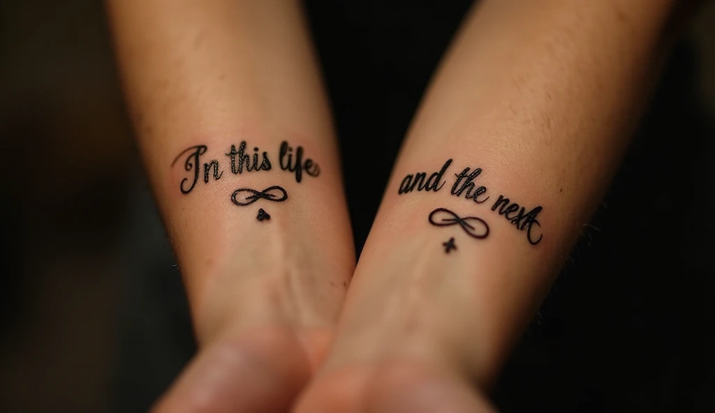 “Couple soulmate phrase tattoos reading ‘In this life and the next’ on forearms — minimalist cursive design symbolizing eternal love.”