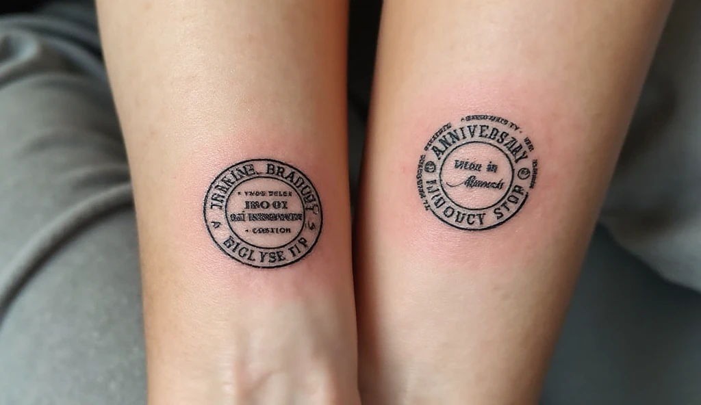 “Matching passport stamp tattoos for couples on forearms — minimalist fine-line design with anniversary date symbolizing travel and lasting love.”