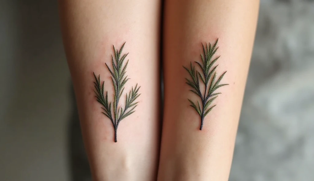 “Matching rosemary sprig couple tattoos on forearms — minimalist botanical design symbolizing remembrance, loyalty, and growth in love.”
