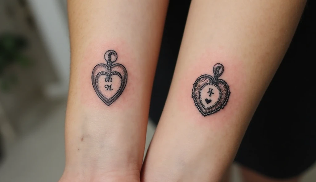 “Matching vintage locket tattoos for couples on forearms — fine-line minimalist design symbolizing treasured memories and emotional bond.”