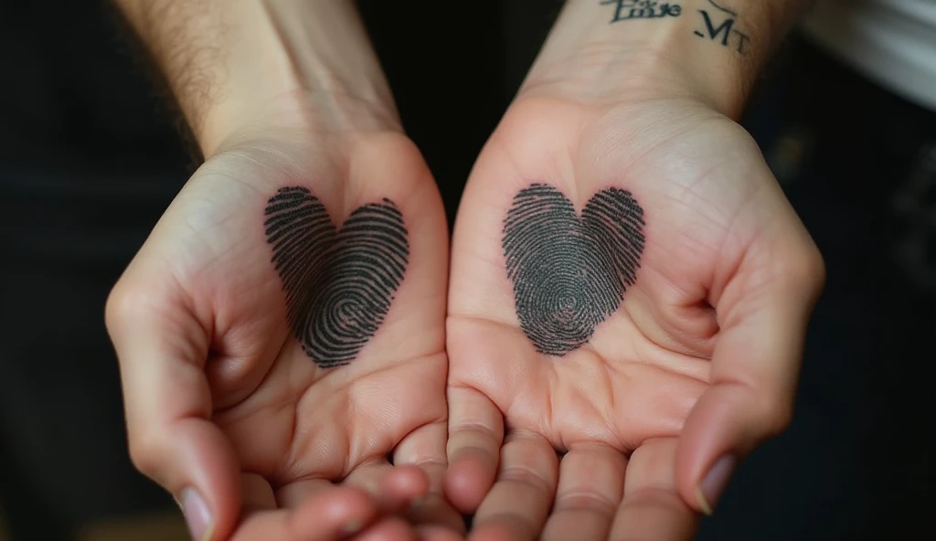 “Couple thumbprint heart tattoo — black fine-line design combining two fingerprints into a heart symbolizing unity and individuality.”